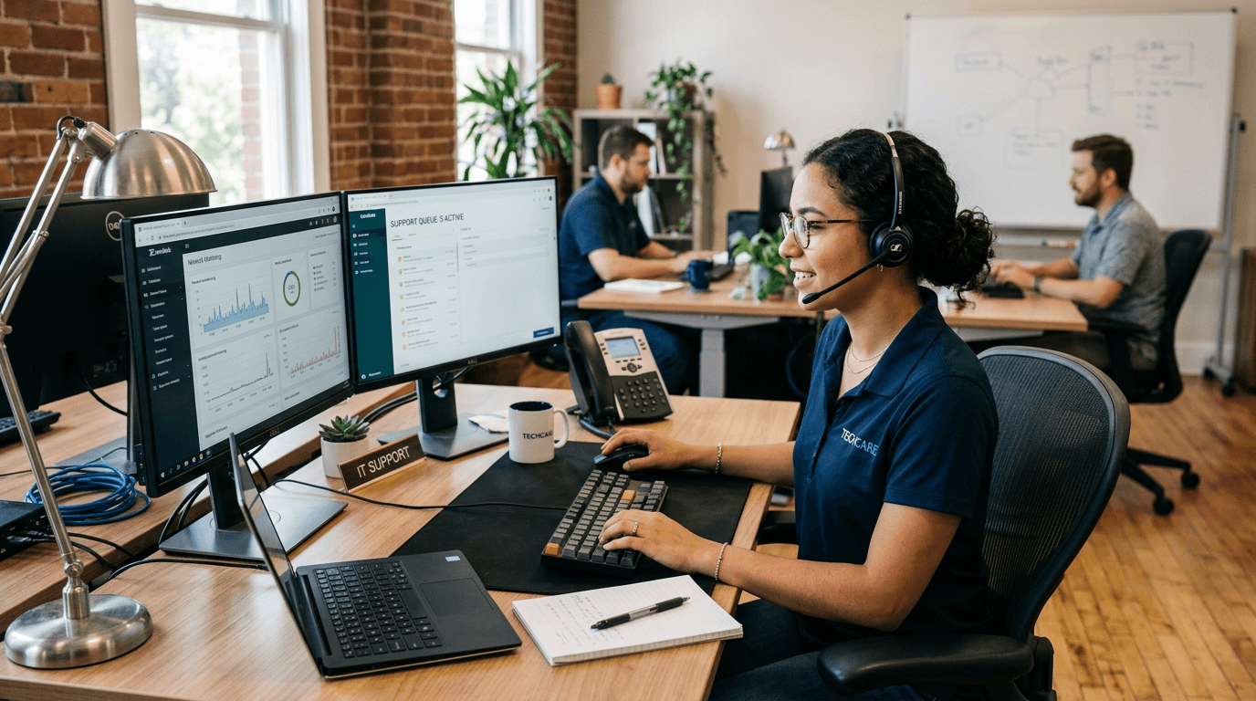 A support technician working at a help desk