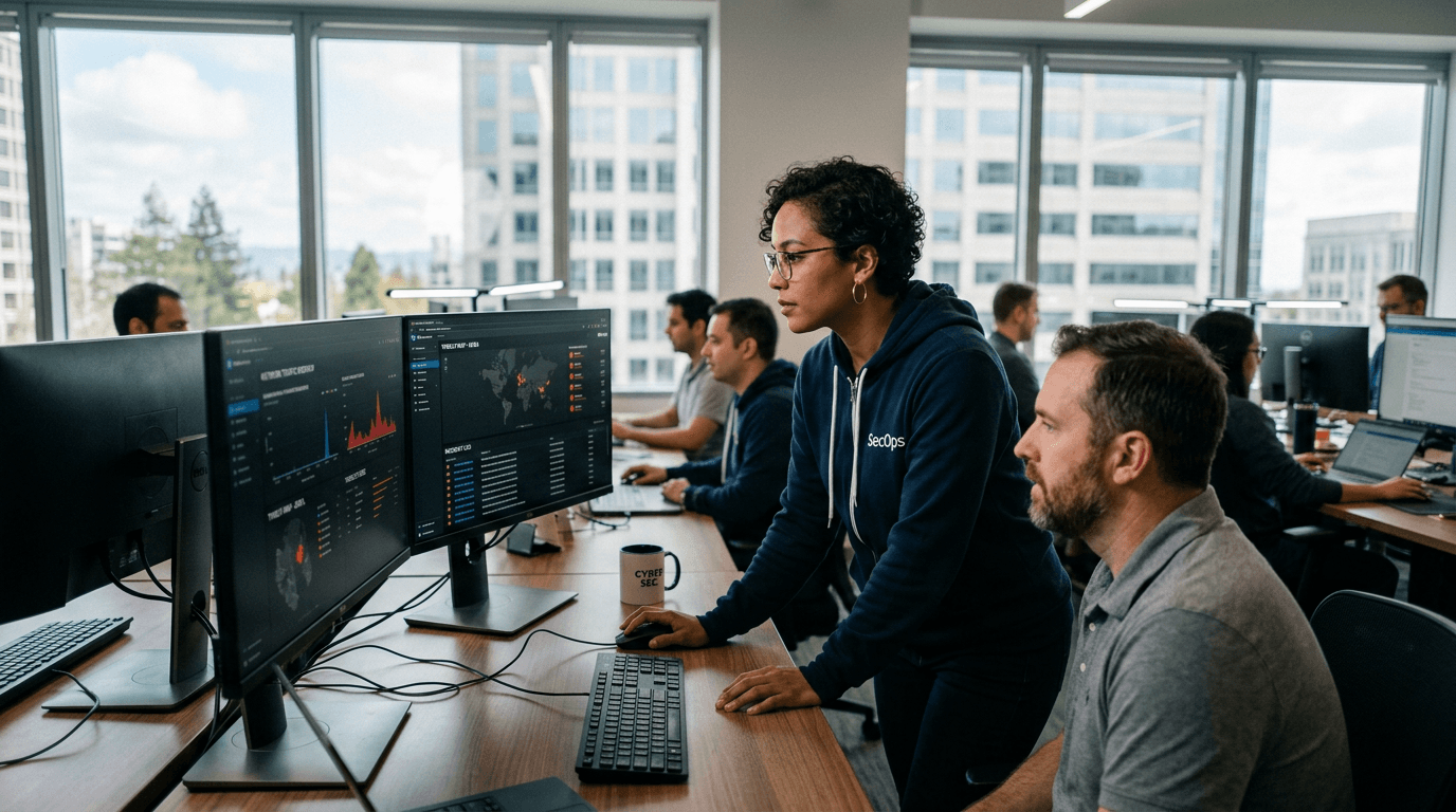A cybersecurity analyst monitoring security dashboards in an office