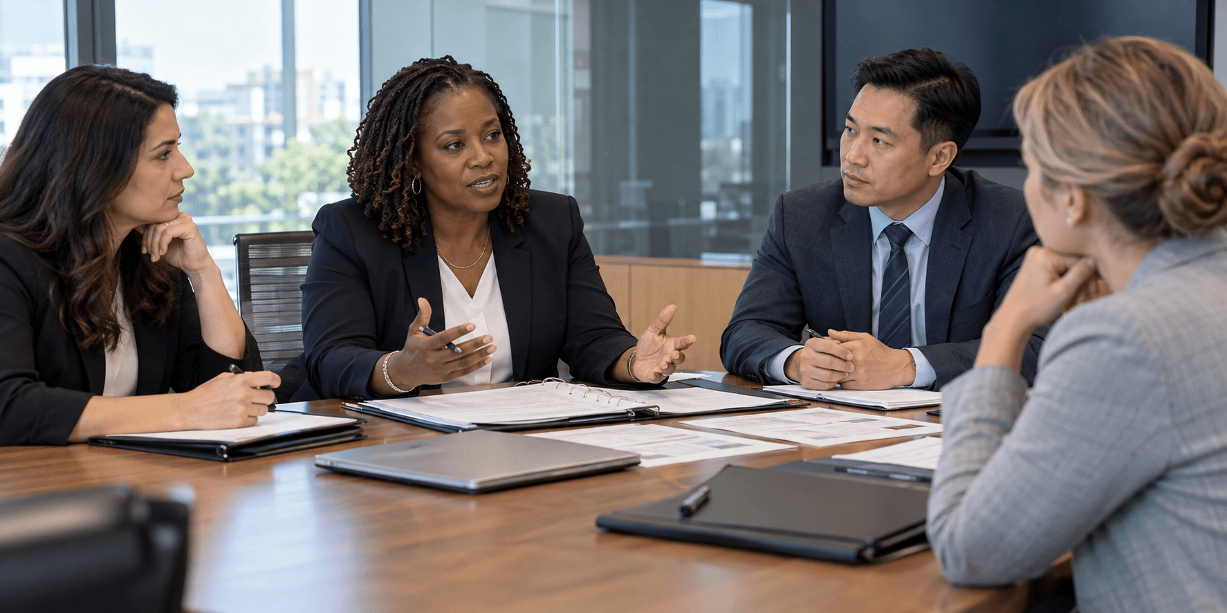 A compliance team reviewing documents around a conference table
