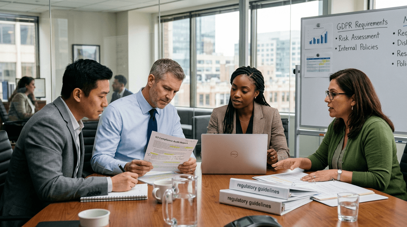 A team reviewing documents and laptop reports at a meeting table