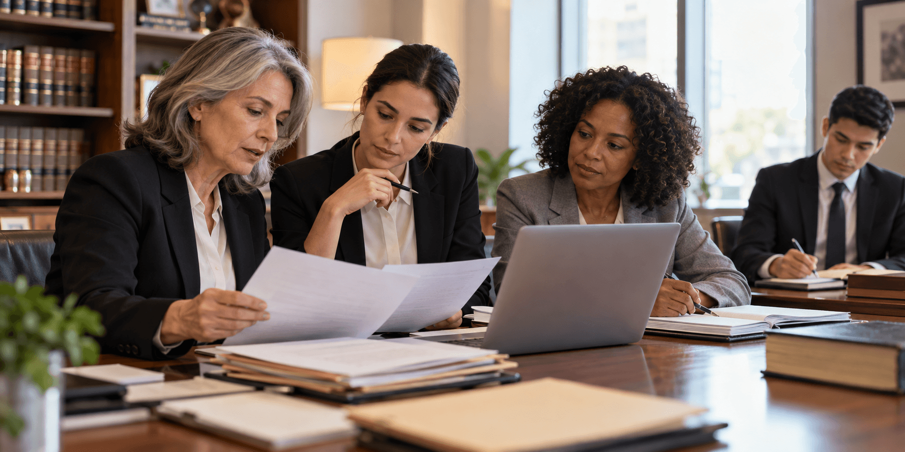 Legal and accounting professionals reviewing documents at a conference table