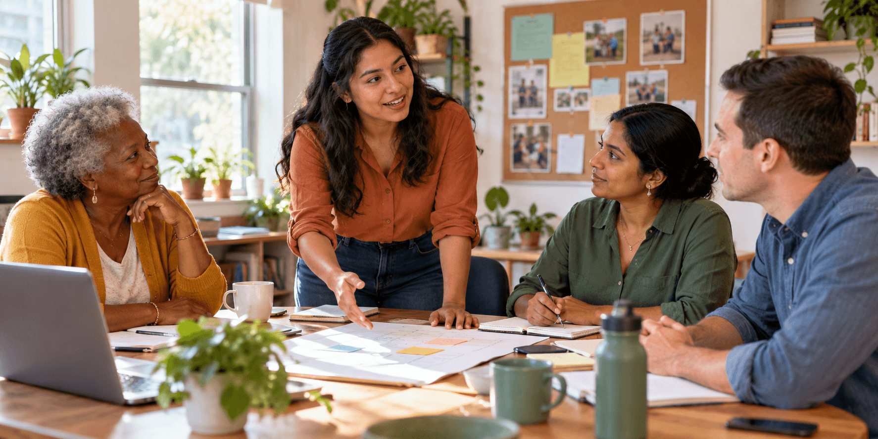 A nonprofit team planning together in a community workspace