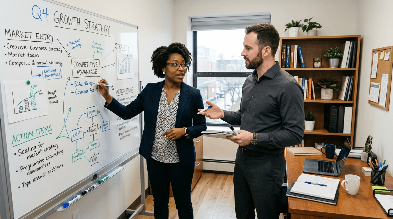 Two colleagues discussing a strategy on a whiteboard